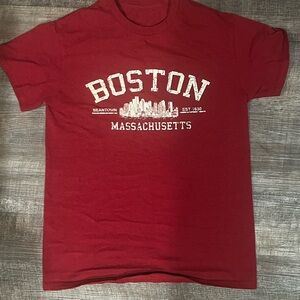 Red men’s t-shirt with boston writing